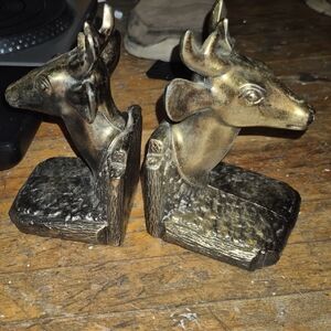 Stagg Head Copper Brass Bookends (2) Pair MCM Patina 1950s Vintage Brass Bookend